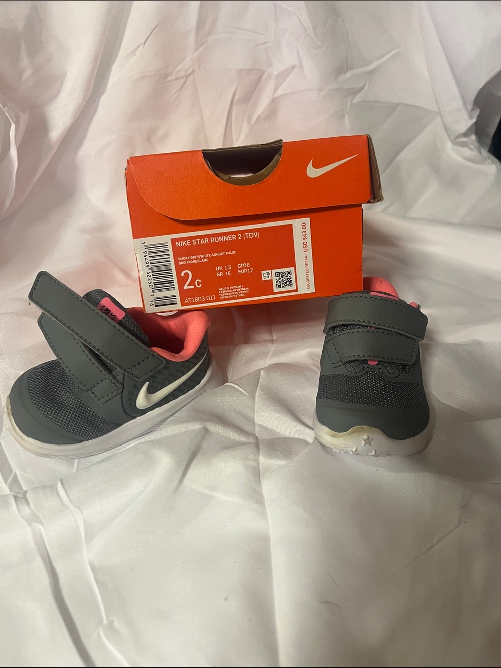 Nike Kids Gray and Pink Hook-and-Loop Sneakers